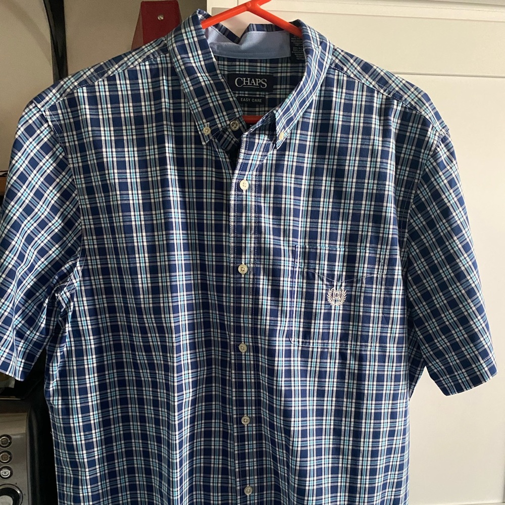 Chaps Easy Care Blue Plaid Button Down Shirt Short Sleeve